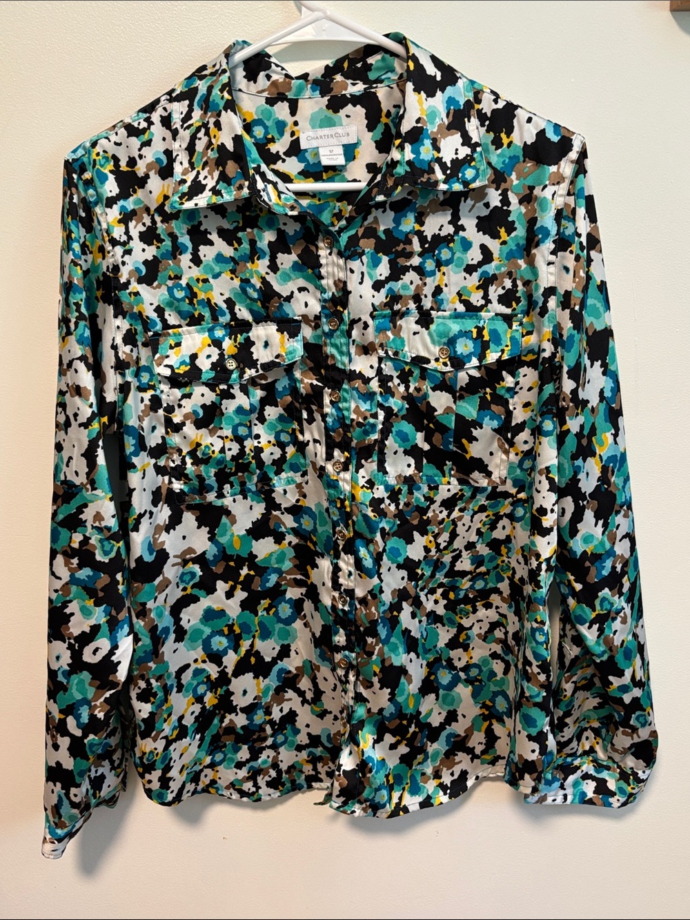 Charter Club Teal, Black & White Floral Button-Down Shirt